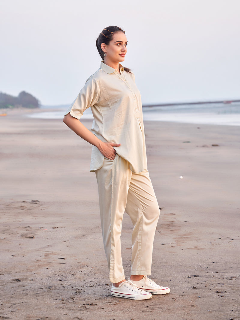 Collared Cream Tunic with Palazzo Style Trousers for Women in India