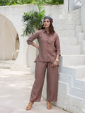 Button-Down Curved Hemline Shirt and Trouser Co-Ord Set (Brown)