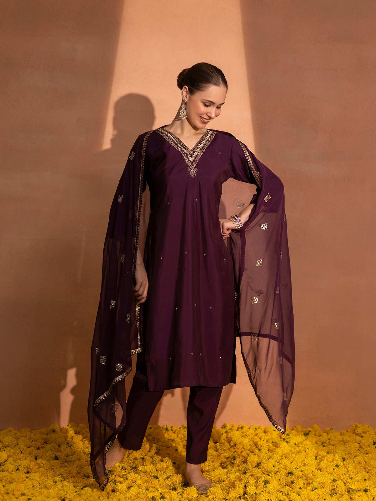 TITTLI Women Handwork Embroidered V-Neck Roman Silk Kurta Set with Georgette Cutwork Dupatta (Wine)