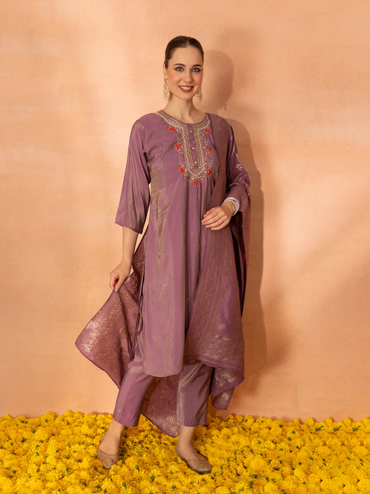 TITTLI Women Handwork Embroidered U-Neck Roman Shimmer Silk Kurta Set with Jacquard Banarasi Print Dupatta (Purple)