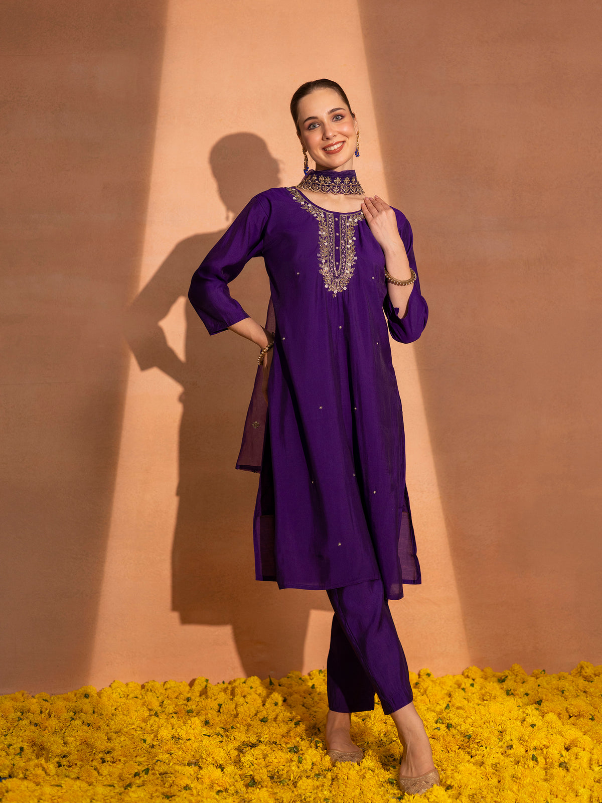 TITTLI Women Handwork Embroidered U Neck Roman Silk Kurta Set with Georgette Cutwork Dupatta (Violet)