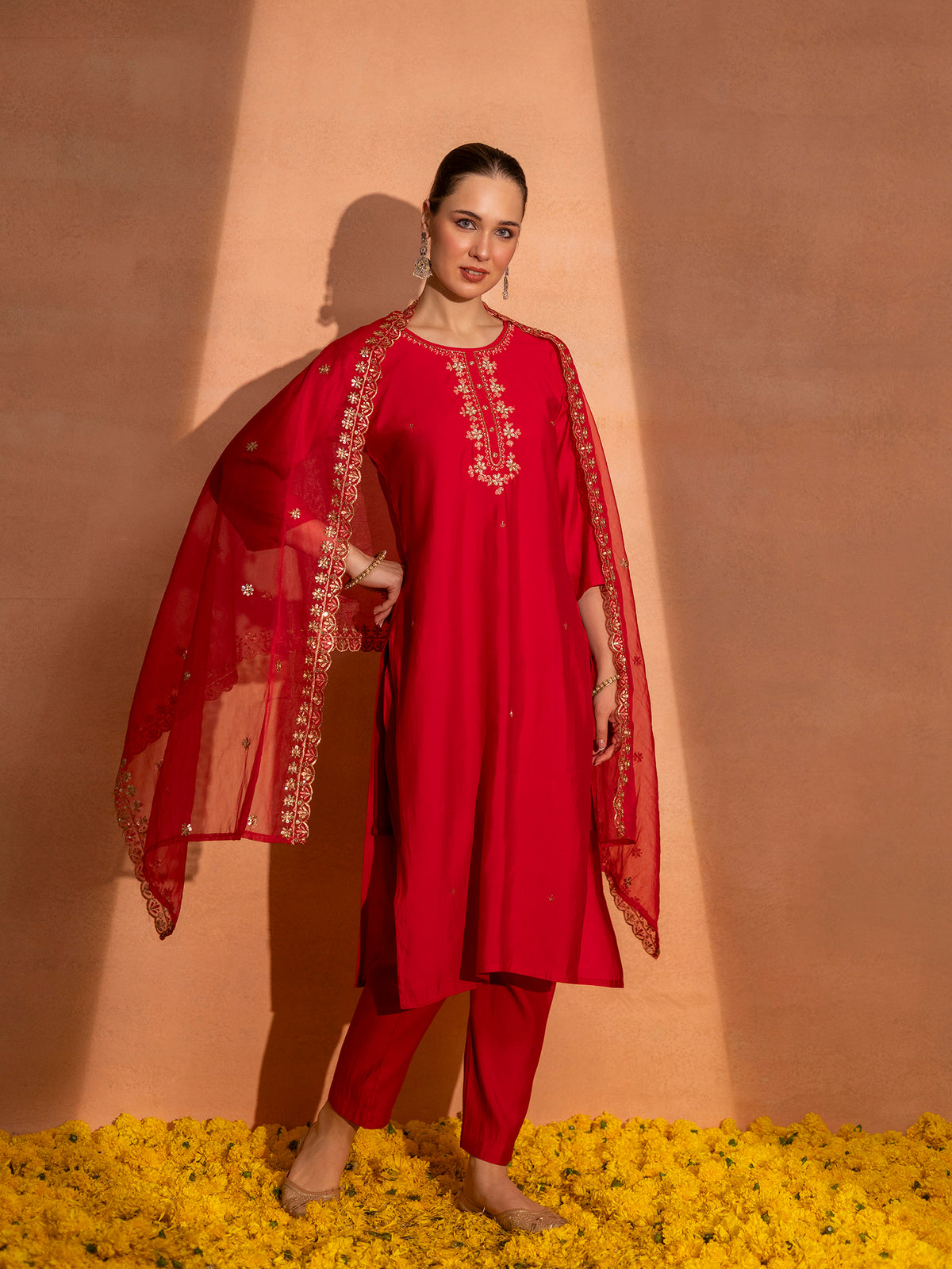 TITTLI Women Handwork Embroidered U-Neck Roman Silk Kurta Set with Georgette Cutwork Dupatta (Red)