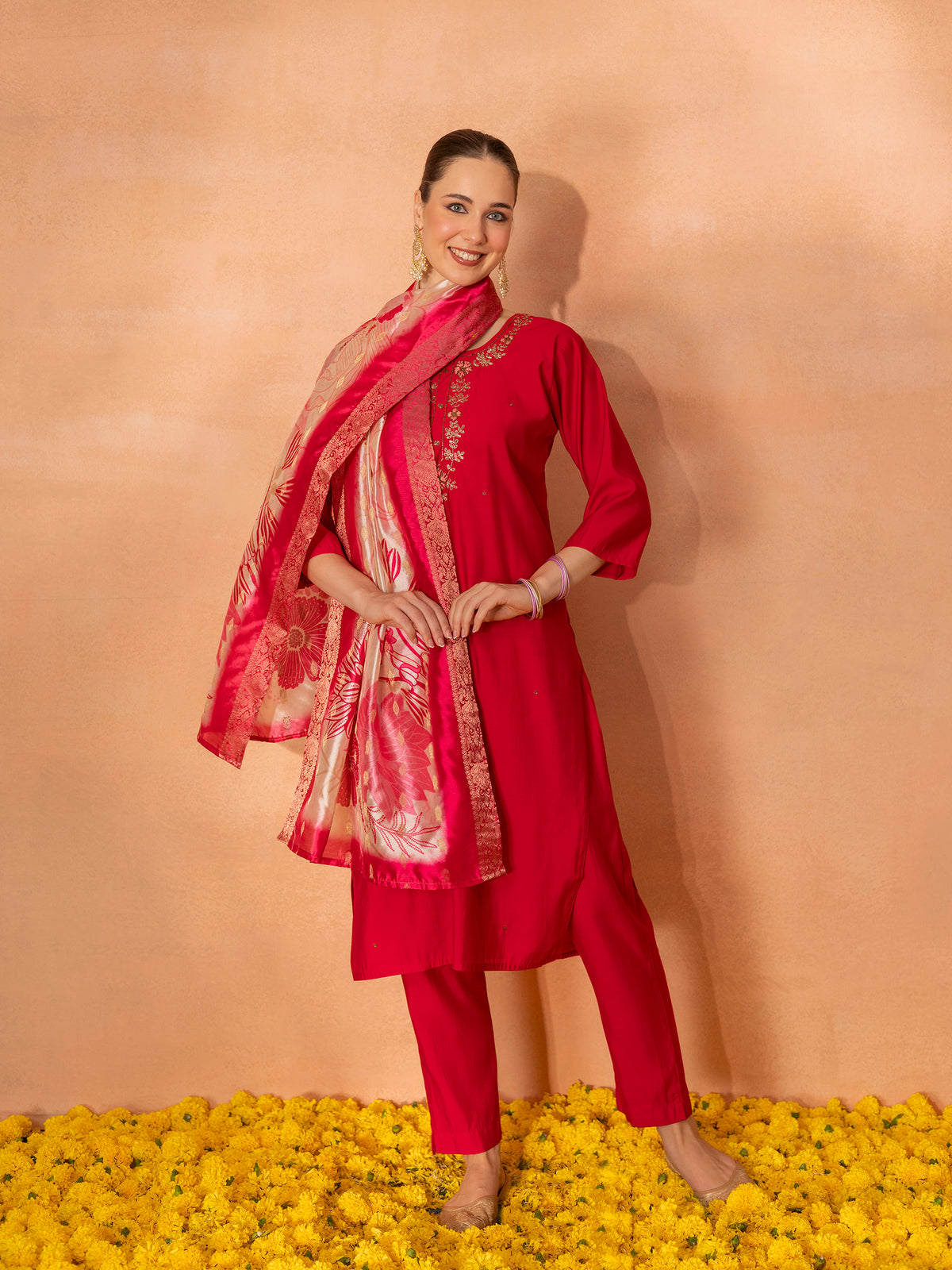 TITTLI Women Handwork Embroidered U-Neck Roman Silk Kurta Set with Jacquard Digital Print Dupatta (Red)