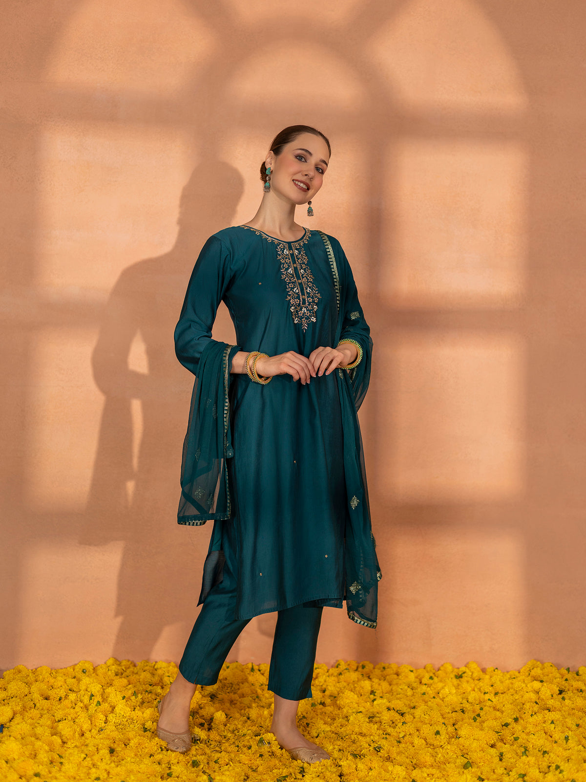 TITTLI Women Handwork Embroidered U-Neck Roman Silk Kurta Set with Dupatta(Rama)