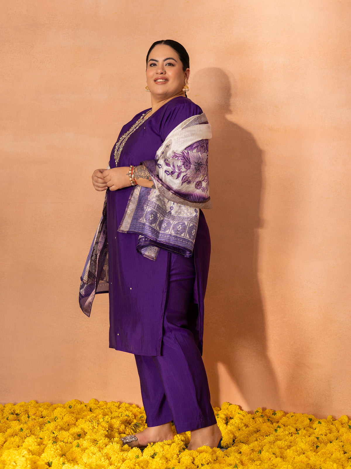 TITTLI Plus Size Women Handwork Embroidered U-Neck Roman Shimmer Silk Kurta Set with Jacquard Digital Print Dupatta