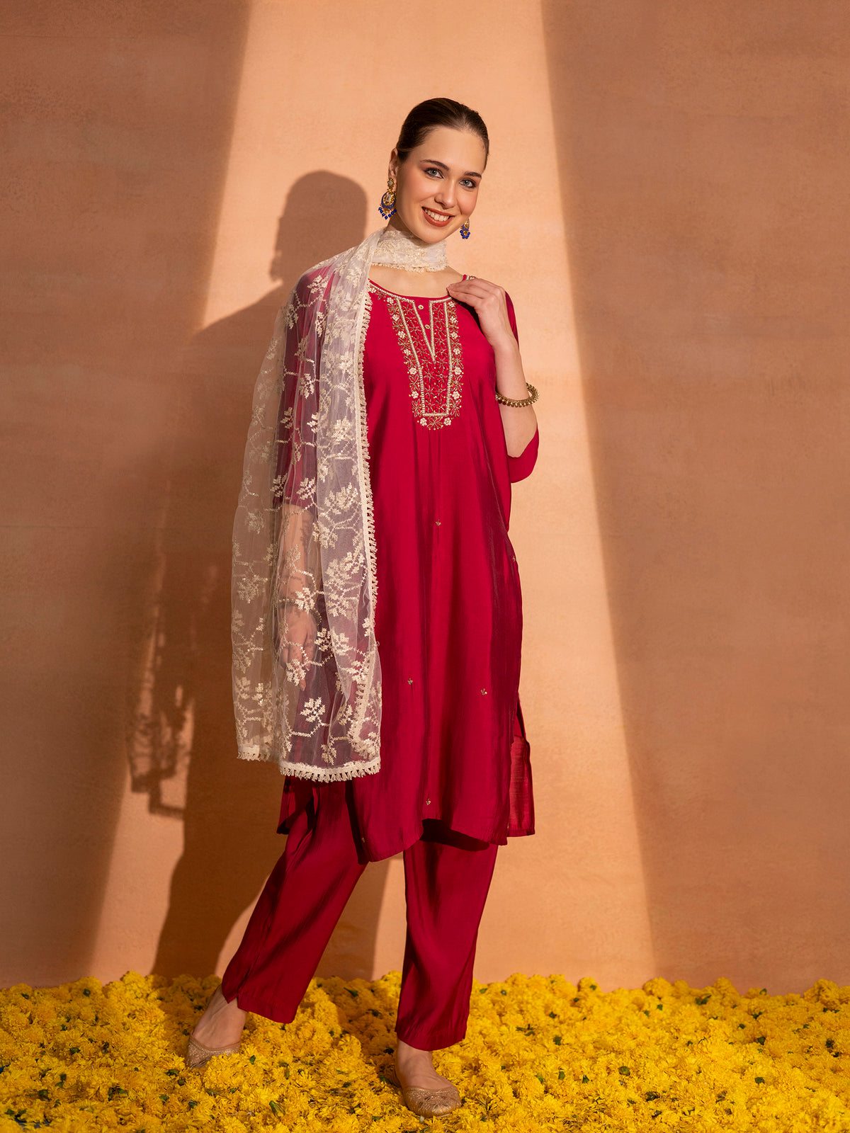 TITTLI Women Handwork Embroidered U-Neck Roman Silk Kurta Set with Embroidered Net Dupatta (Cherry Red)