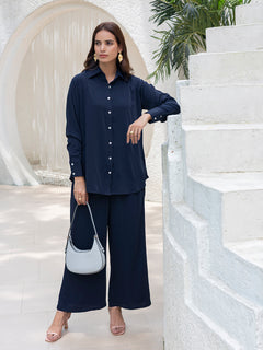 Oversize Shirt And Palazoo Casual Wear Co-Ord Set (Navy Blue)
