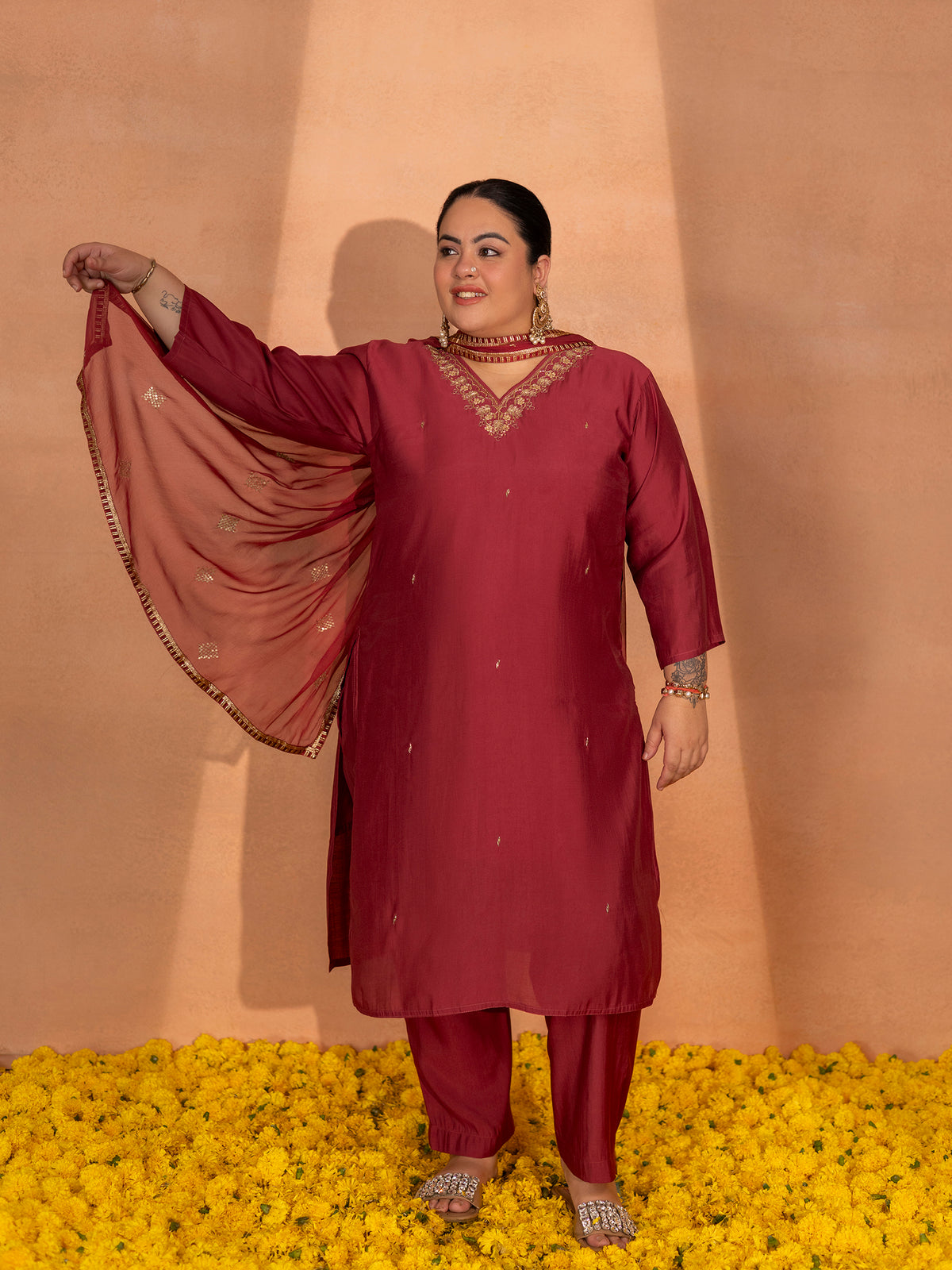 TITTLI Plus Size Women Handwork Embroidered V-Neck Roman Silk Kurta Set with Georgette Cutwork Dupatta (C. Red)