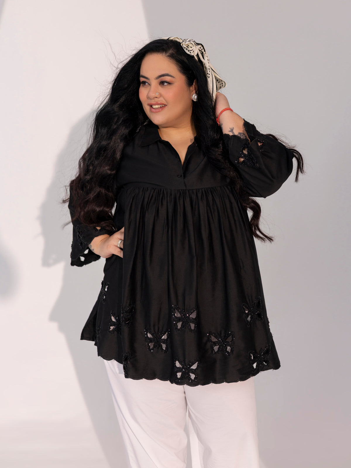 TITTLI Plus Size Women Cotton Silk Butterfly Handwork Embroidered Shirt Collar Kurti(Black)