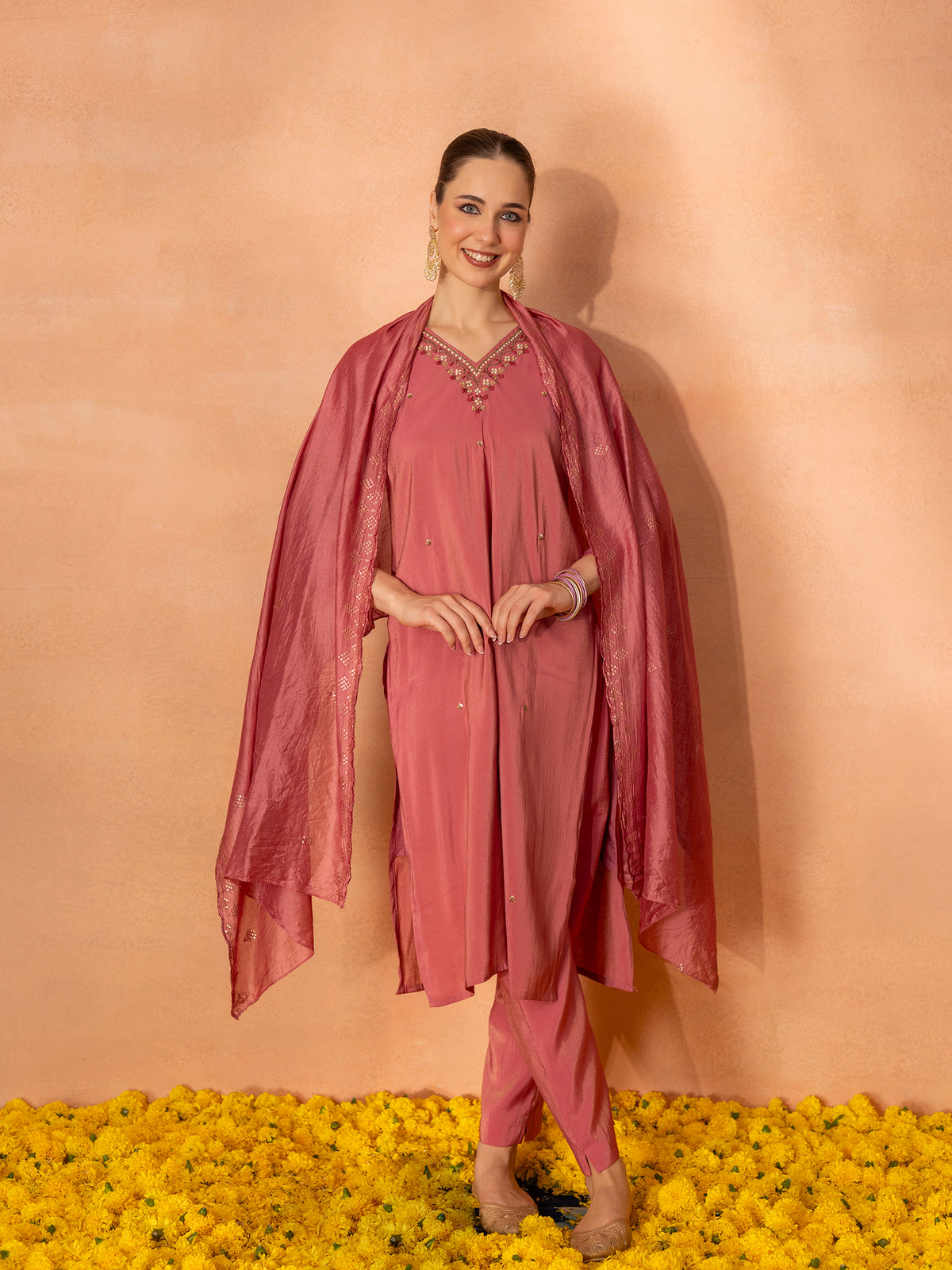 TITTLI Women Handwork Embroidered V-Neck Roman Shimmer Silk Kurta Set with Rayon Dupatta(Pink)