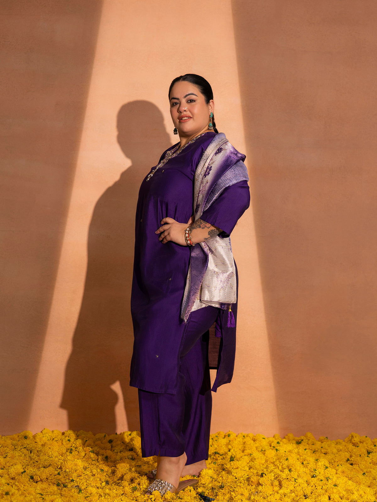 TITTLI Plus Size Women Handwork Embroidered V-Neck Roman Silk Kurta Set with Jacquard Digital Printed Dupatta (Violet)