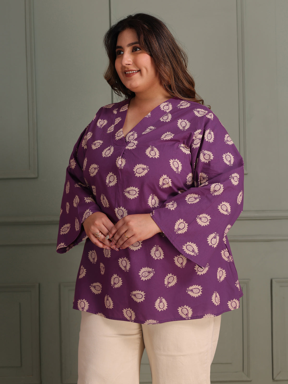 TITTLI Women Plus Size Printed Pure Cotton V-Neck Flared Sleeve Short Kurti (Purple)