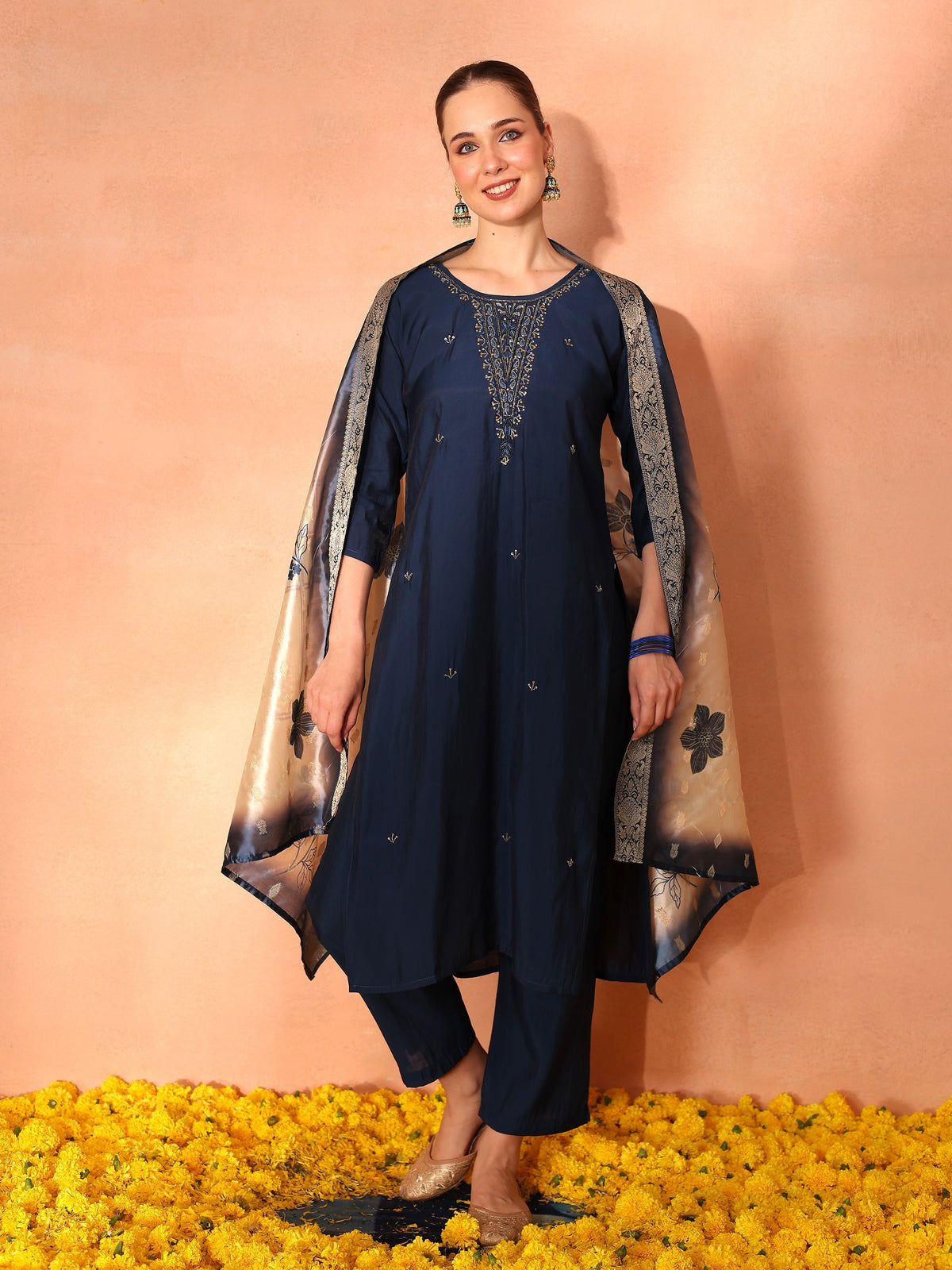 TITTLI Women Handwork Embroidered Round Neck Roman Silk Kurta Set with Jacquard Digital Print Dupatta (Navy Blue)
