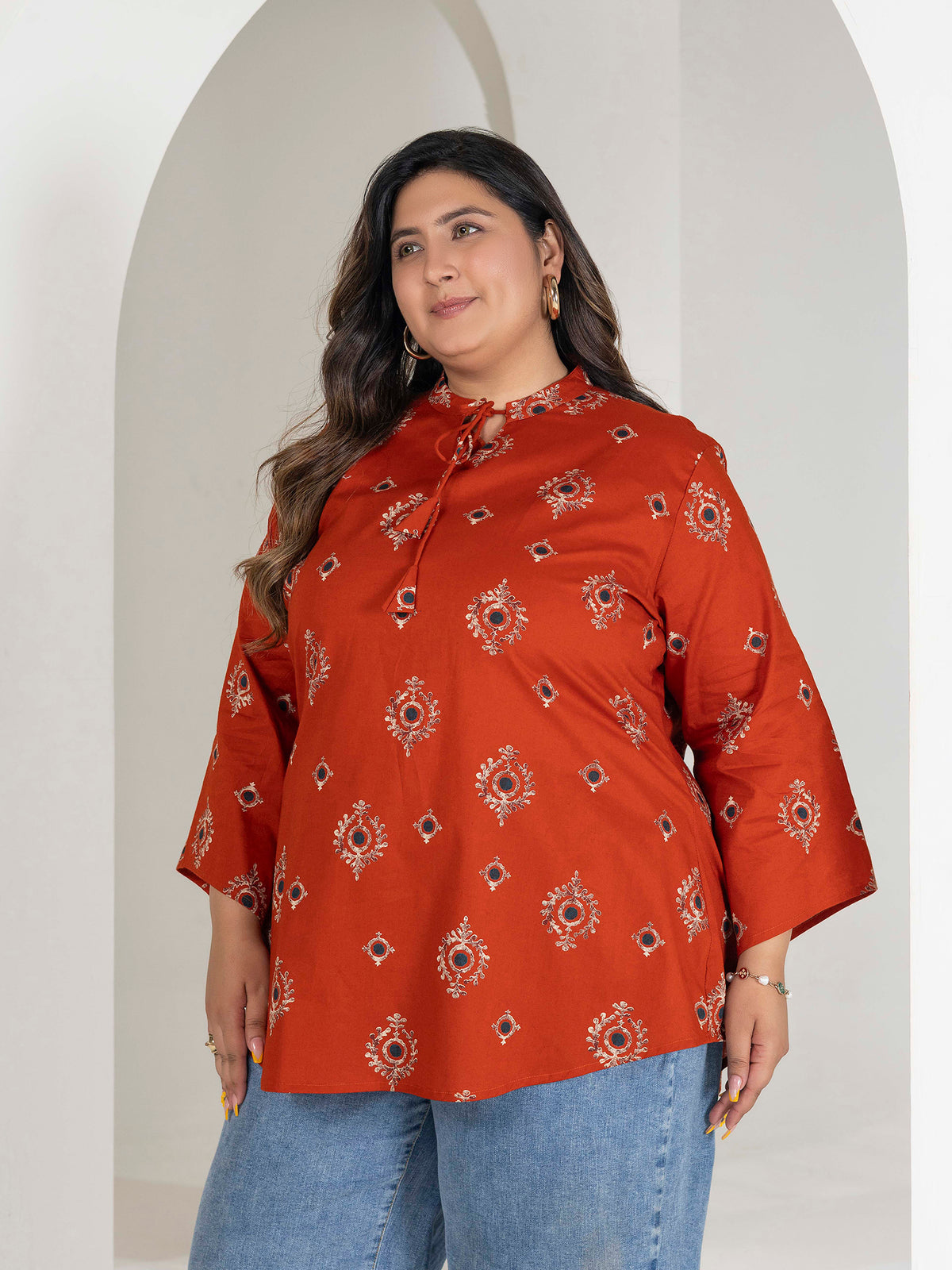 TITTLI Women Plus Size Ethnic Motif Printed Short Kurti with Mandarin Collar Keyhole Tie-Up & Three Quarter Sleeves(Orange)
