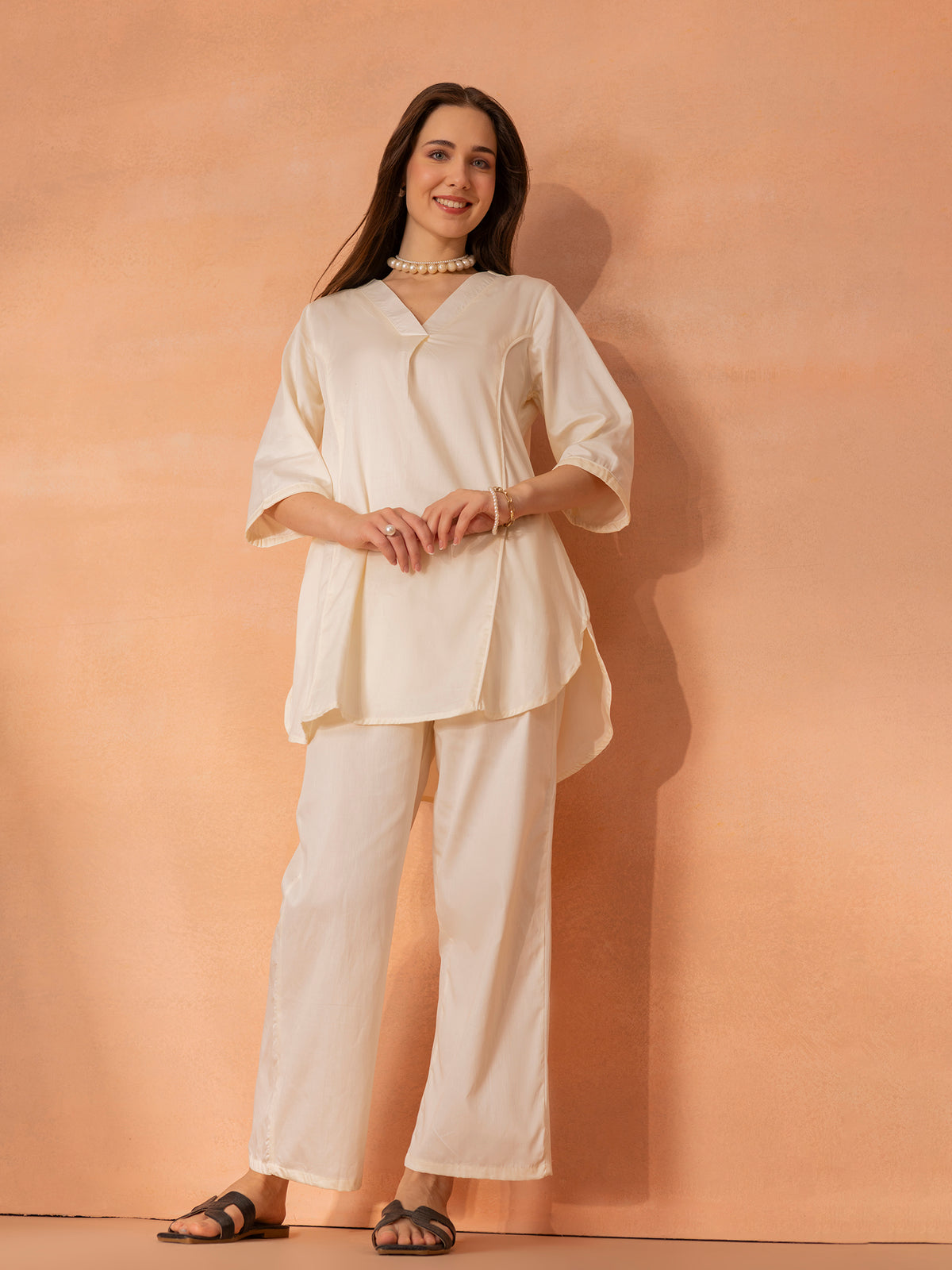TITTLI Women Cotton Silk V-Neck Tunic & Trousers Co-Ord Set (Cream)