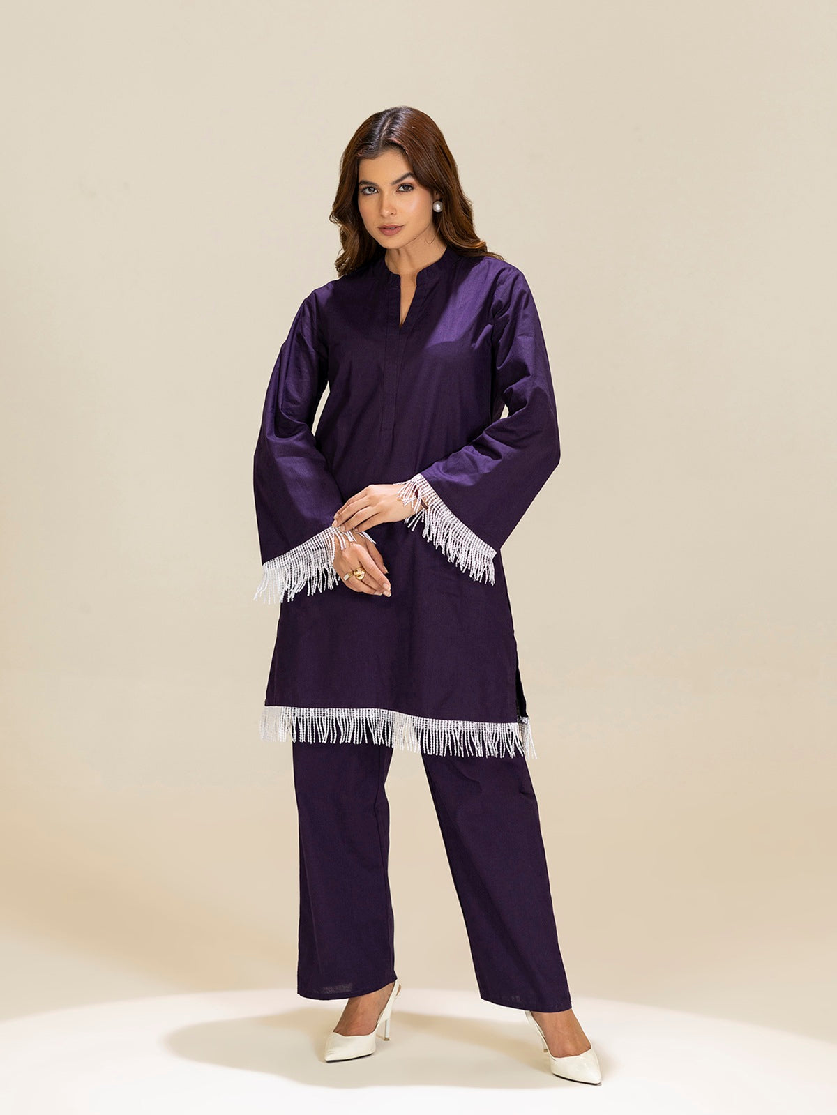 TITTLI Violet Colour Pure Cotton Mandarin Collared V-Neck Lace Detailing Tunic & Trouser Co-Ord Set
