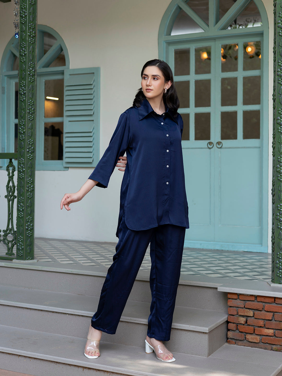 Navy Blue Shirt Collar Top and Trouser Set for Women