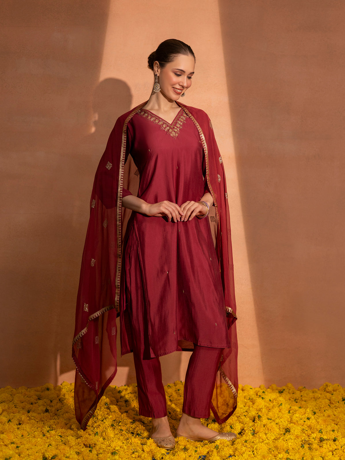TITTLI Women Handwork Embroidered V-Neck Roman Silk Kurta Set with Georgette Cutwork Dupatta (C. Red)