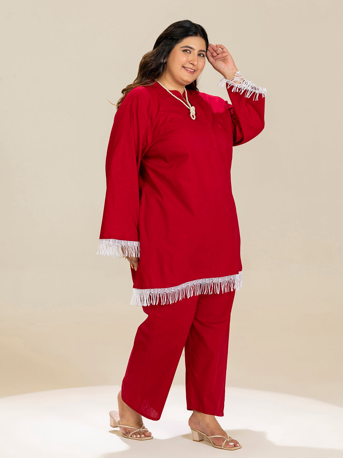 TITTLI Plus Size Pure Cotton Mandarin Collared V-Neck Lace Detailing Tunic & Trouser Co-Ord Set