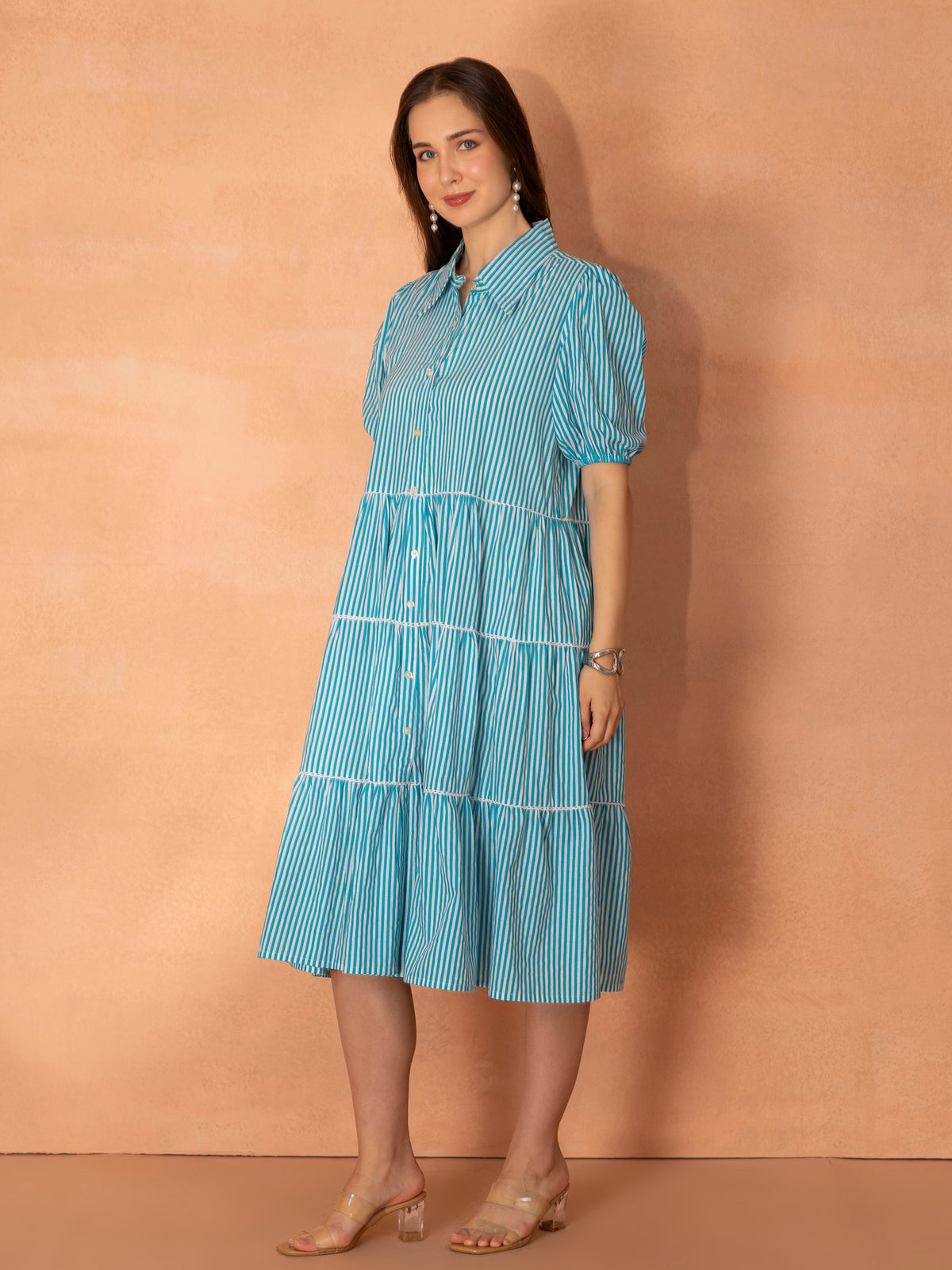 TITTLI Women's Cotton Striped Shirt-Style Tiered Lace Detailing Knee Length Dress with Puff Sleeves & Button Front Closure (White & Rama)