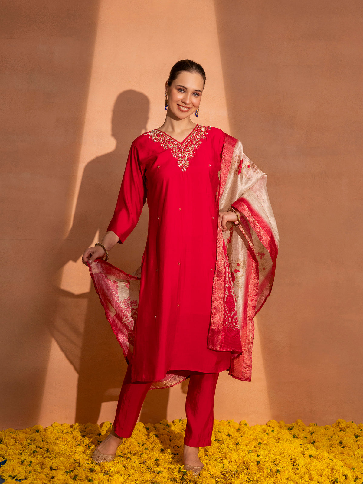 TITTLI Women Handwork Embroidered V-Neck Roman Silk Kurta Set with Jacquard Digital Printed Dupatta (Red)