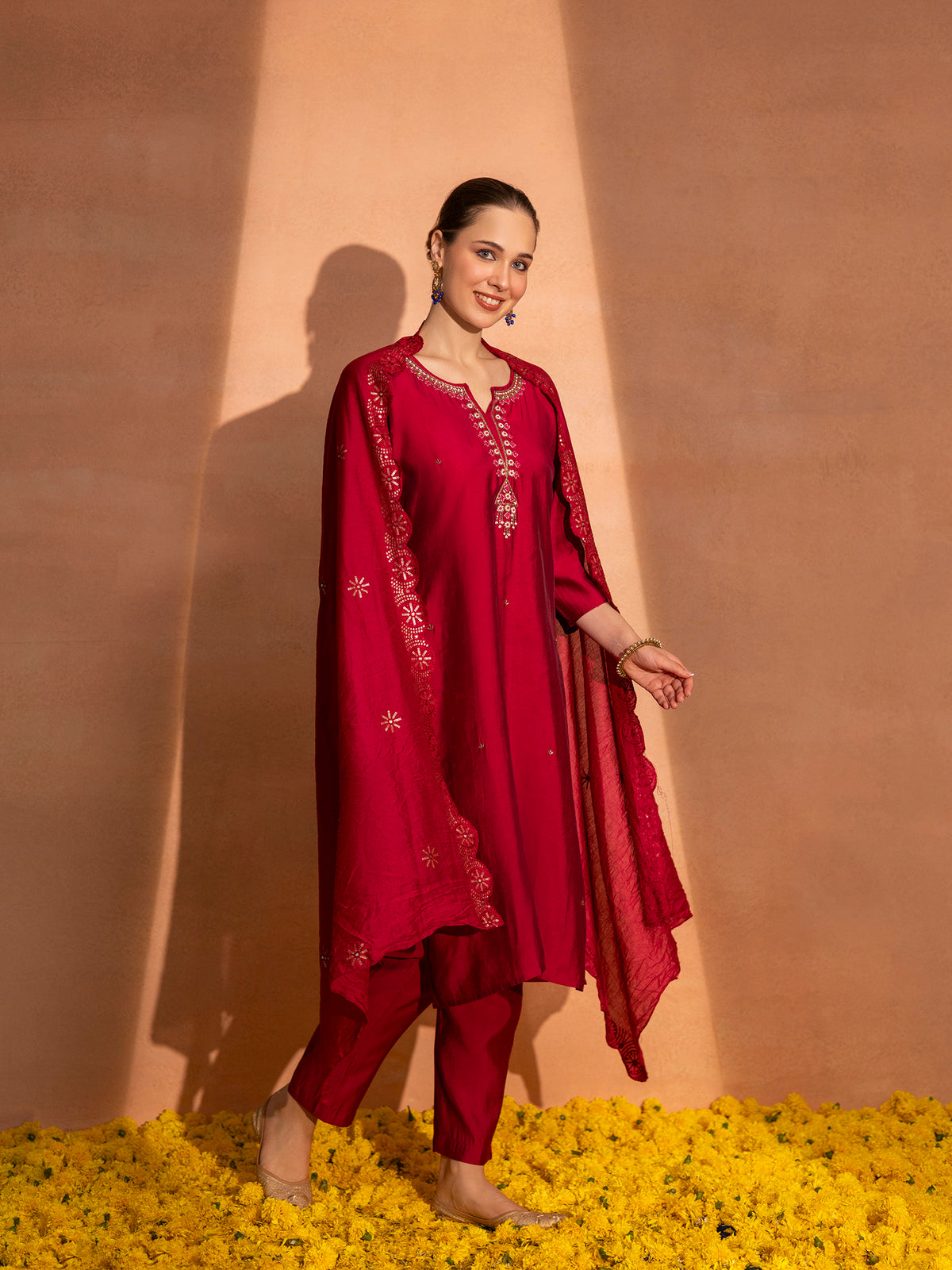 TITTLI Women's Handwork Embroidered Round Neck with V Roman Silk Kurta Set with Cut-Work Dupatta (C. Red)