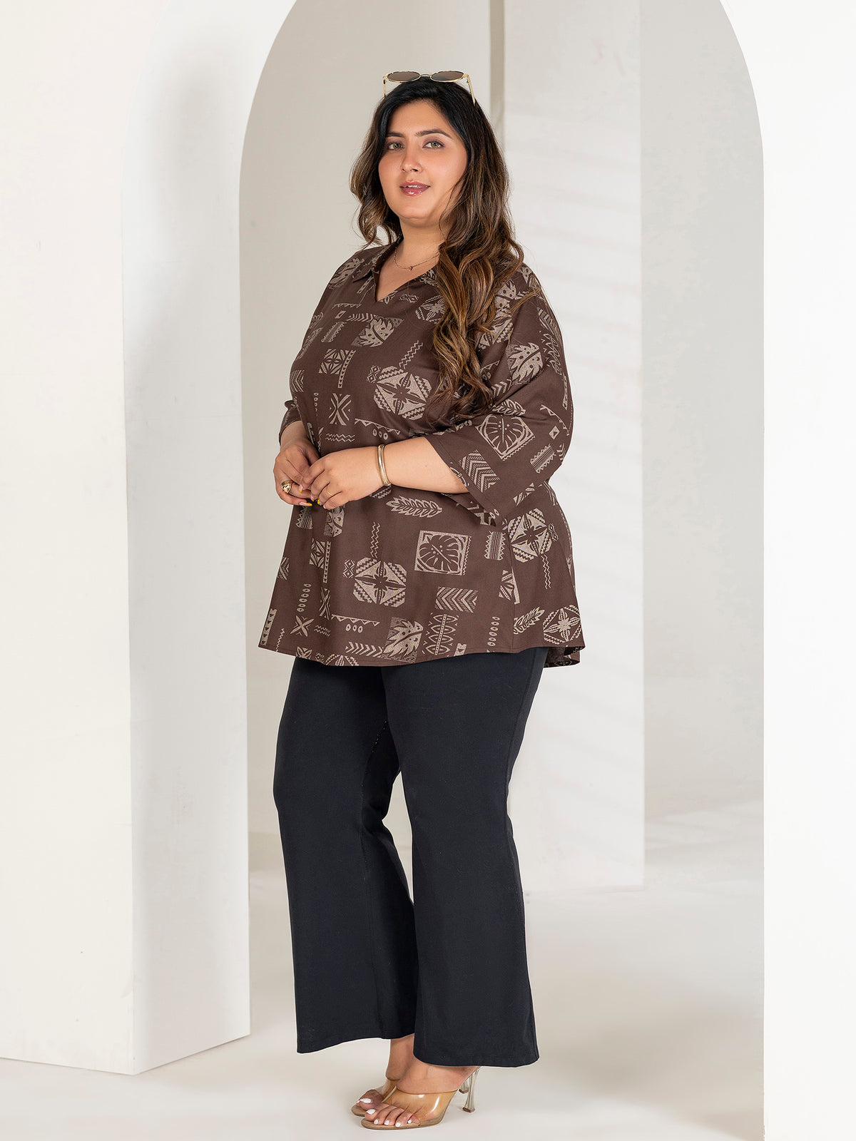 TITTLI Plus Size Women Printed Collared V-Neck Pure Cotton Kurti (Brown)