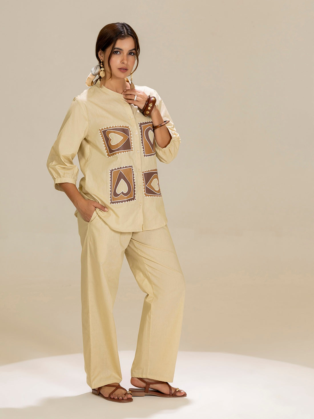 TITTLI Beige Colour Printed Relaxed Fit Pure Cotton Shirt And Trouser Co-Ord Set For Womens
