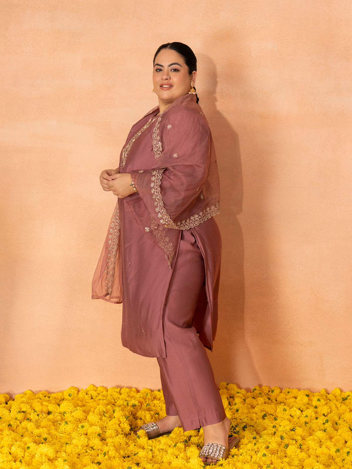 TITTLI Plus Size Women Handwork Embroidered Round Neck Roman Silk Kurta Set with Cut-Work Dupatta (Gajjar)