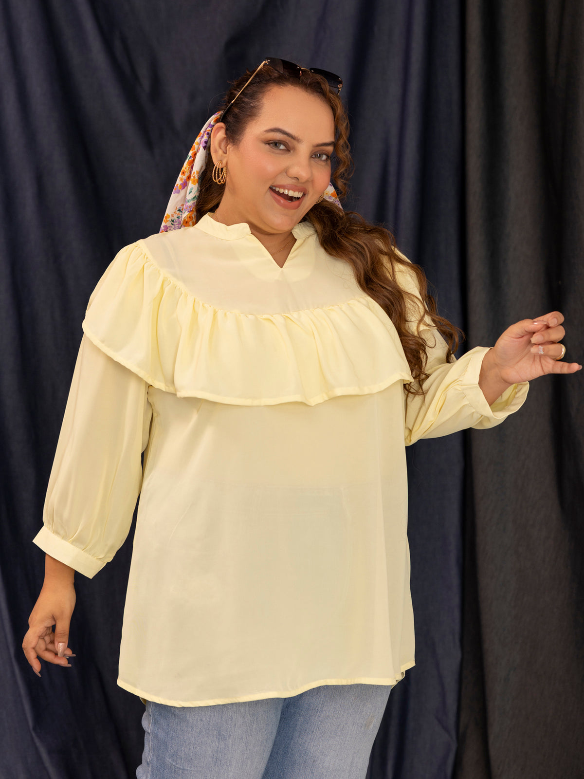 TITTLI Women Plus Size Georgette Solid Short Top (Lemon)