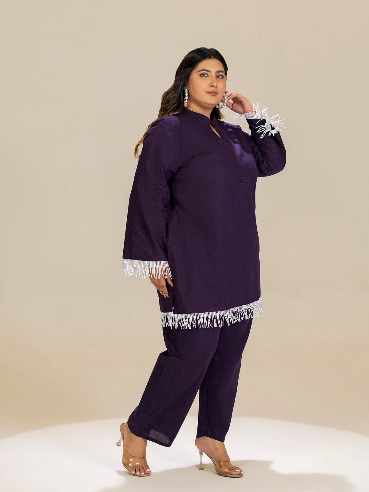 TITTLI Plus Size Violet Colour Pure Cotton Mandarin Collared V-Neck Lace Detailing Tunic & Trouser Co-Ord Set