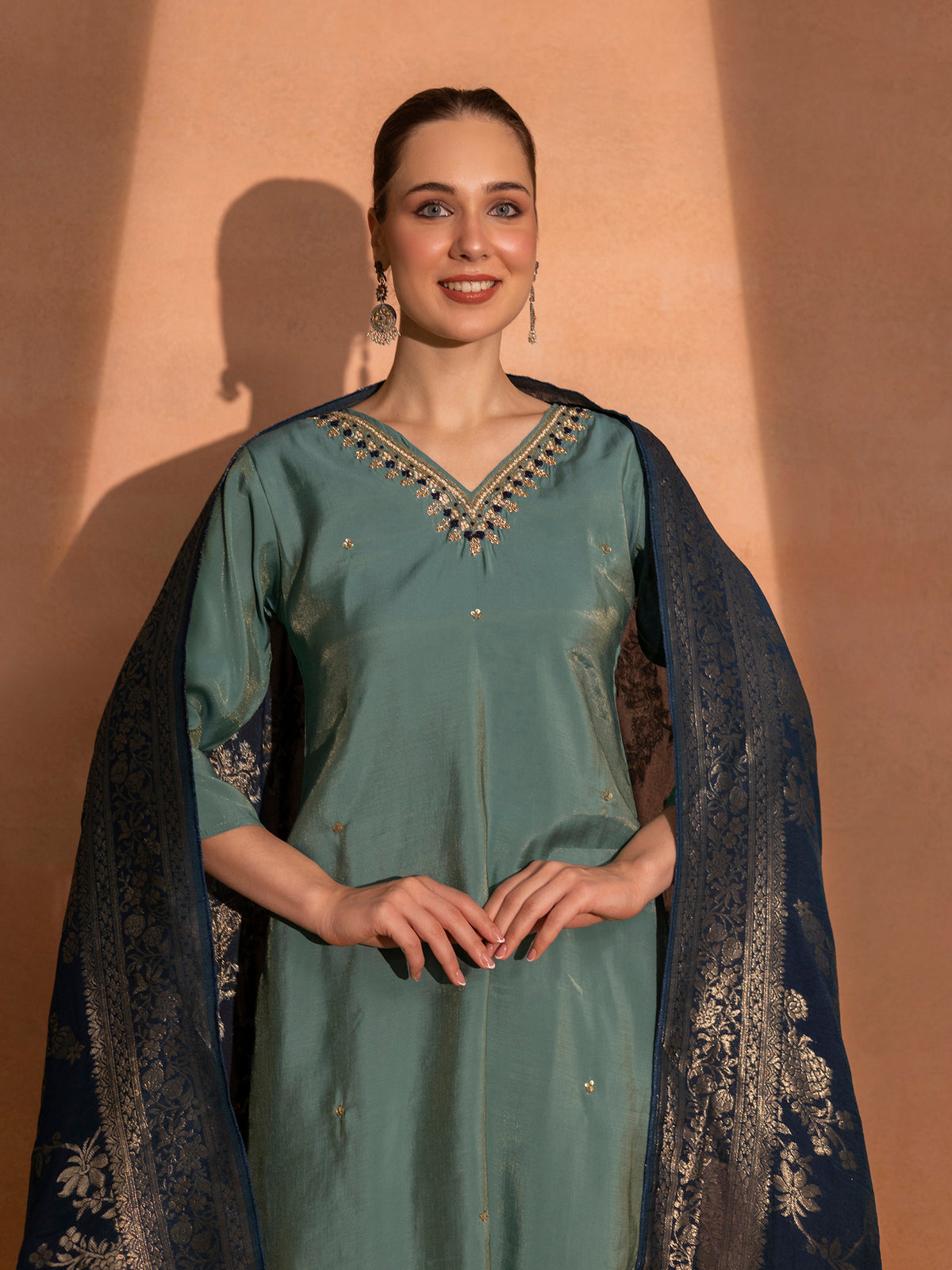 TITTLI Women Handwork Embroidered V-Neck Roman Silk Kurta Set with Jacquard Banarasi Dupatta (Aqua)