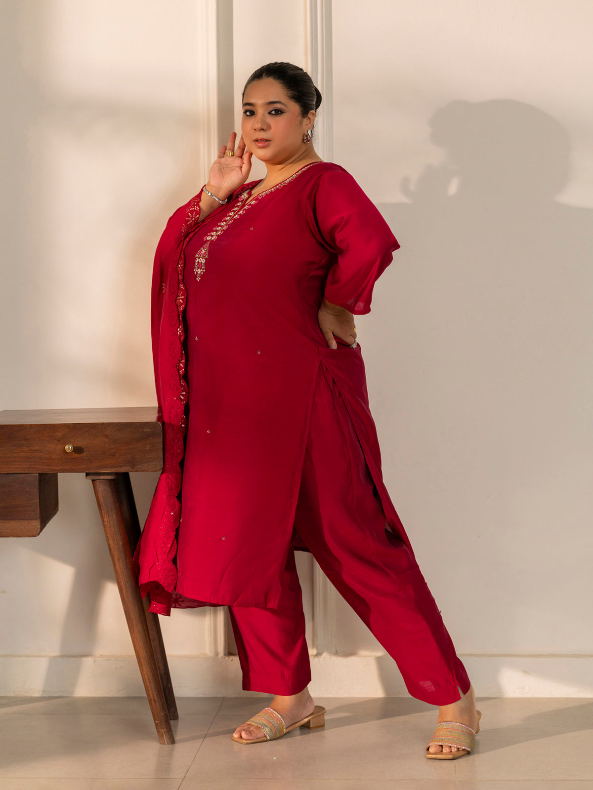 TITTLI Plus Size Women Handwork Embroidered Round Neck with V Roman Silk Kurta Set with Cut-Work Dupatta (C. Red)