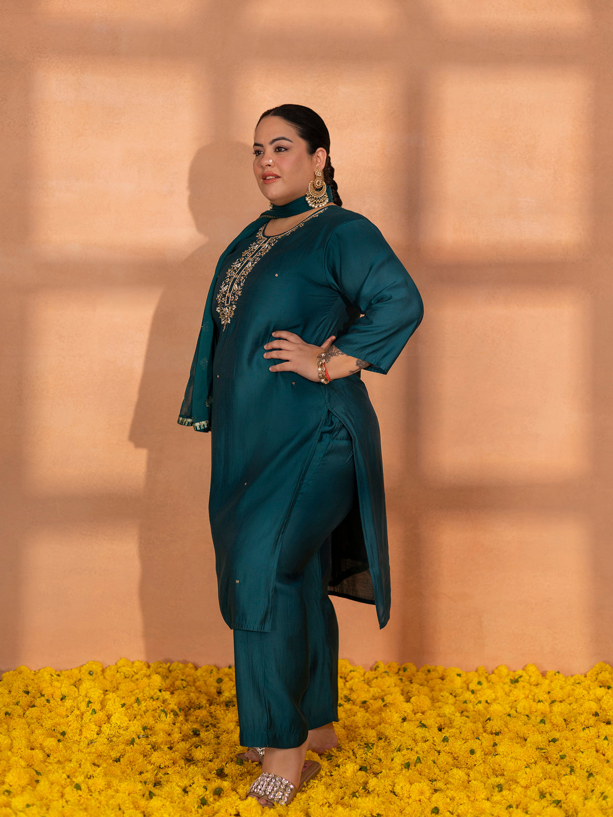 TITTLI Plus Size Women Handwork Embroidered U-Neck Roman Silk Kurta Set with Dupatta(Rama)