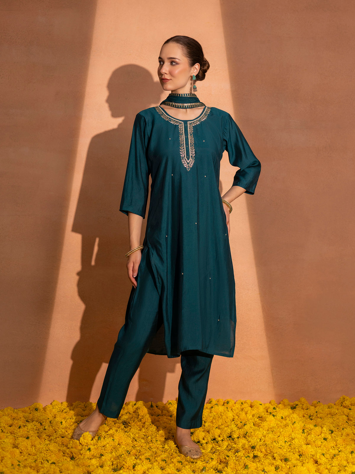 TITTLI Women Handwork Embroidered U-Neck Roman Silk Kurta Set with Georgette Cutwork Dupatta (Rama)