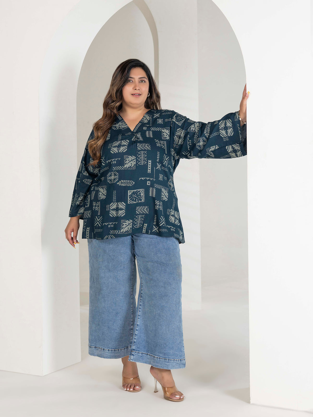 TITTLI Women Plus Size Geometric Print Viscose Rayon Short Kurti (Airforce)