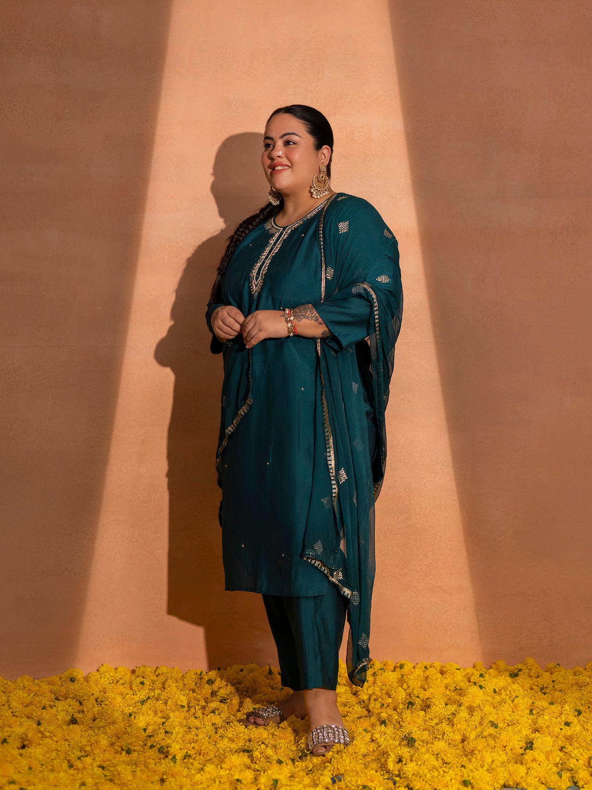 TITTLI Plus Size Women Handwork Embroidered U-Neck Roman Silk Kurta Set with Georgette Cutwork Dupatta(Rama)