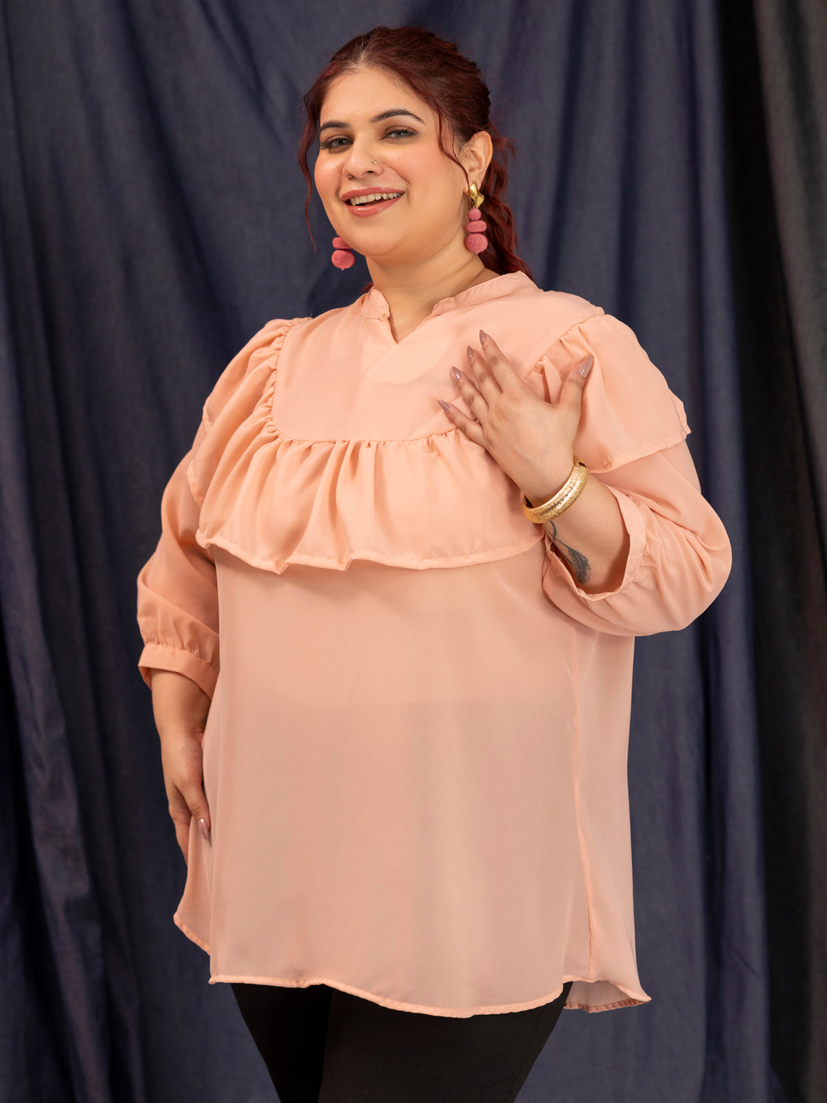 TITTLI Women Plus Size Georgette Solid Short Top (Peach)