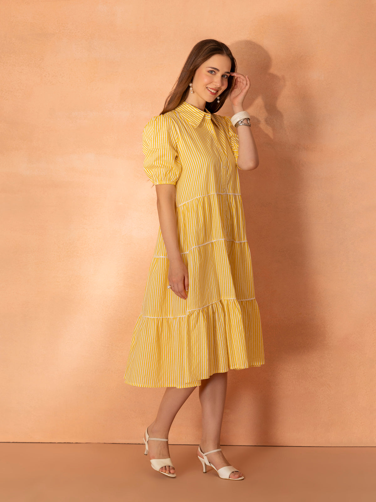 TITTLI Women's Cotton Striped Shirt-Style Tiered Lace Detailing Knee Length Dress with Puff Sleeves & Button Front Closure (White & Yellow)