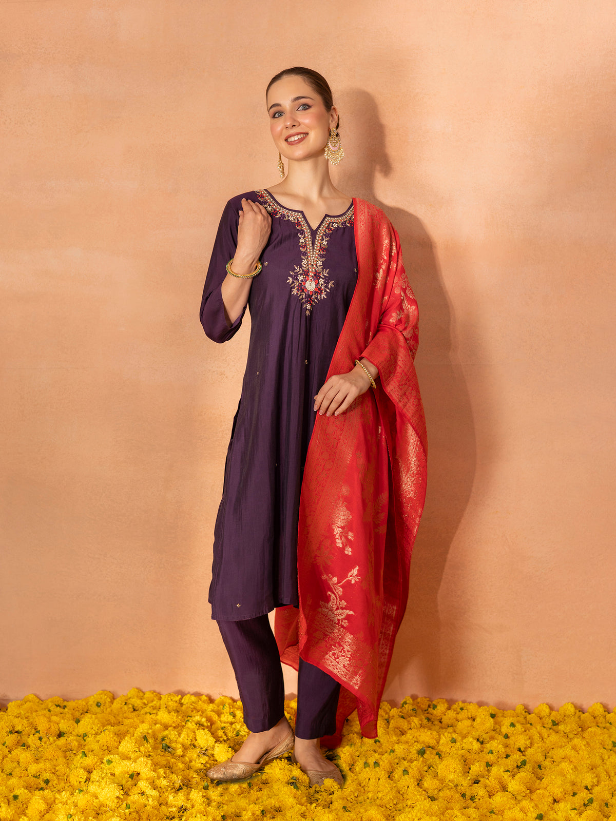 TITTLI Women Handwork Embroidered Round Neck with V Drape Roman Silk Kurta Set with Cut-Work Dupatta (Wine)