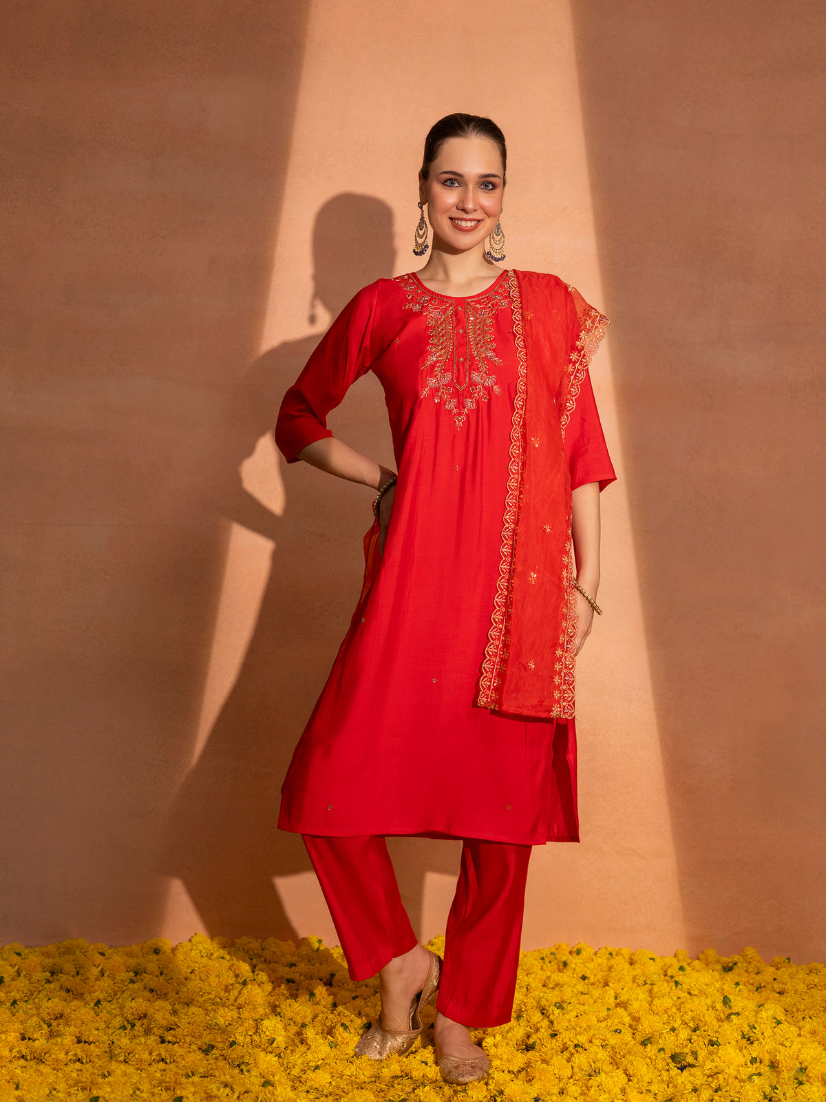 TITTLI Women Handwork Embroidered U-Neck Roman Silk Kurta Set with Dupatta(Red)