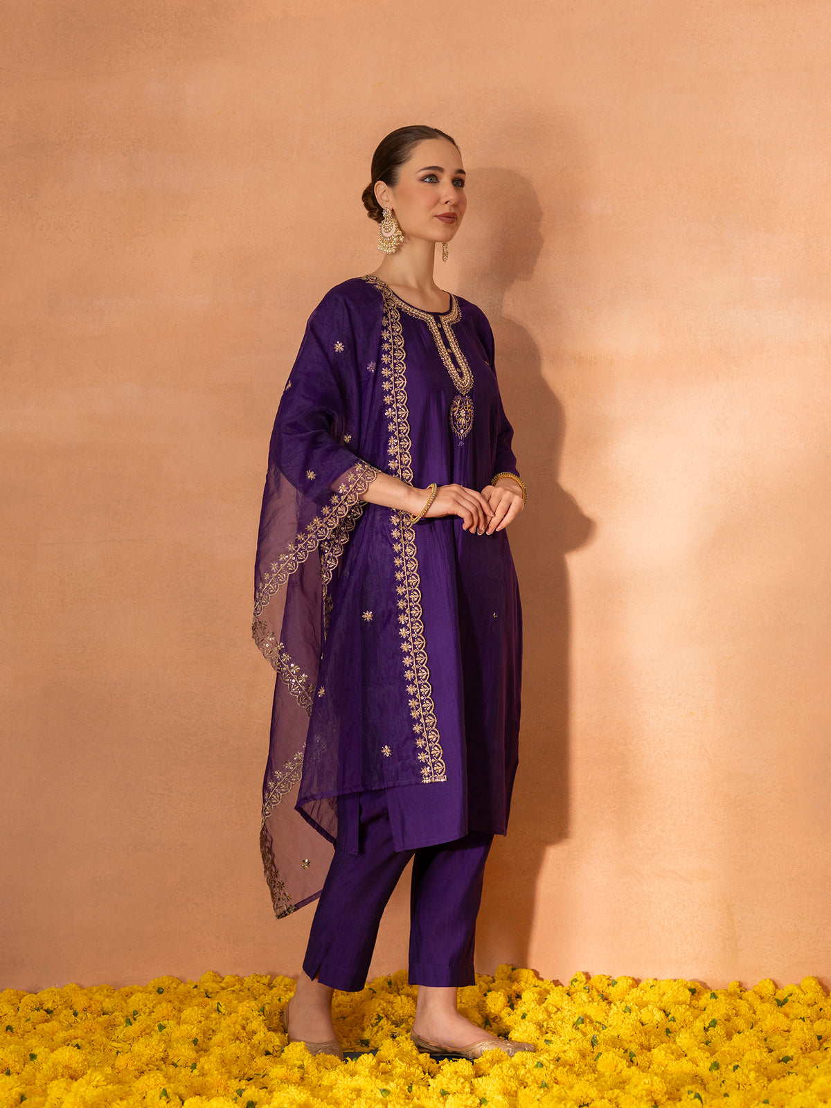 TITTLI Women Handwork Embroidered U-Neck Roman Silk Kurta Set with Georgette Cutwork Dupatta (Violet)