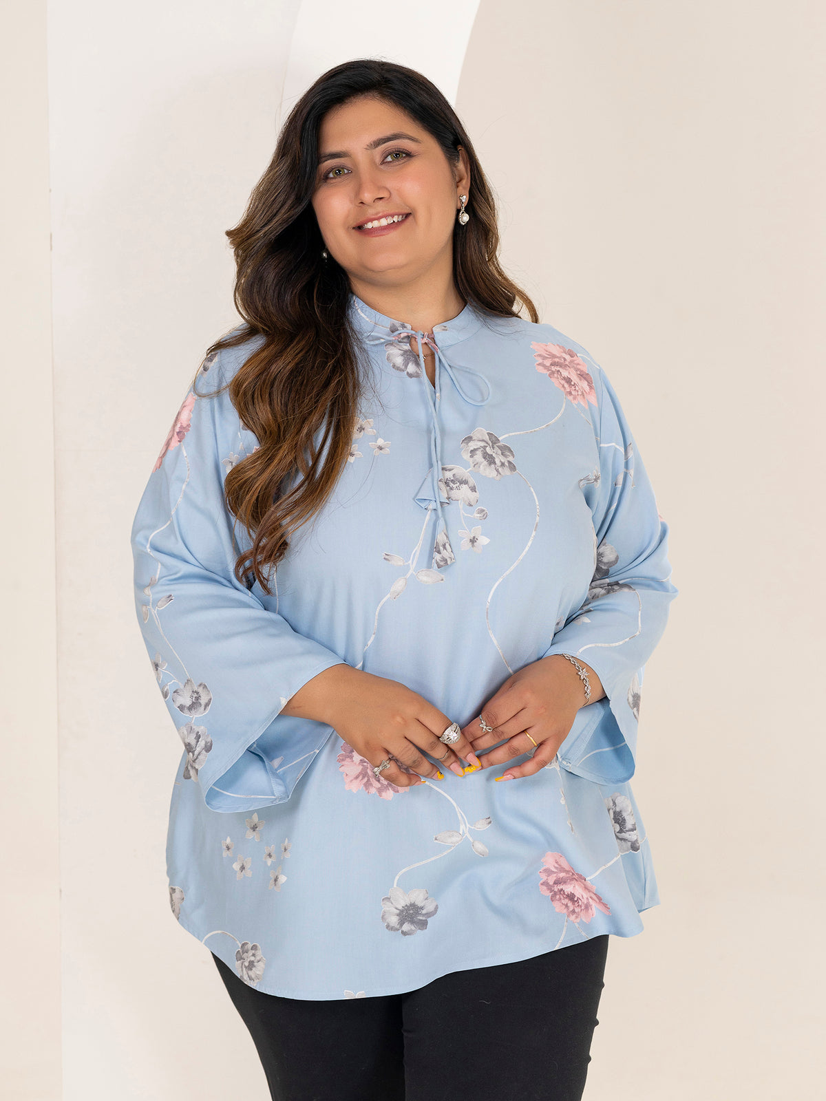 TITTLI Women Plus Size Floral Printed Short Kurti with Round Neck Collar Keyhole Tie-Up & Full Sleeves(Sky blue)