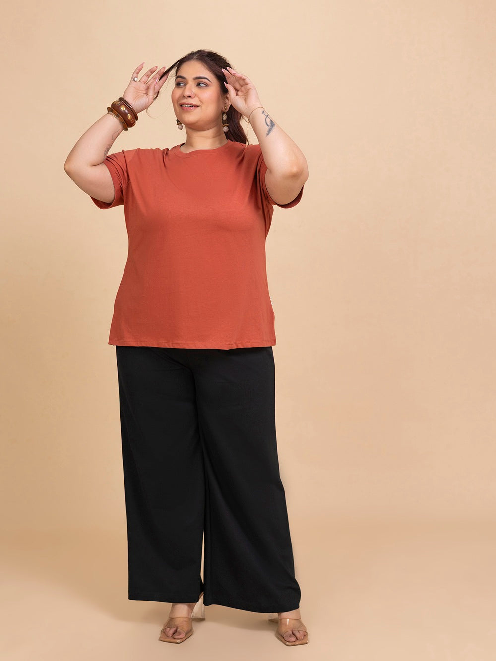 TITTLI Plus Size Pure Cotton Rust Round Neck T-Shirt For Womens