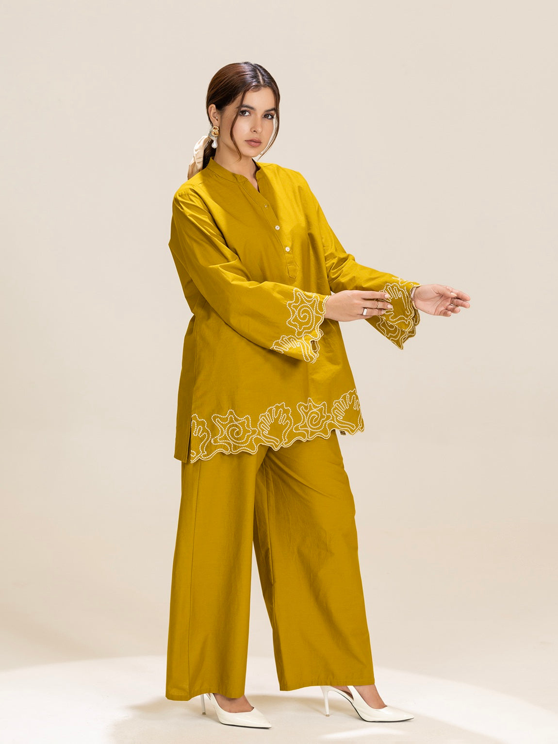 TITTLI Mustard Colour Embroidered Tunic & Trouser Co-Ord Set For Women