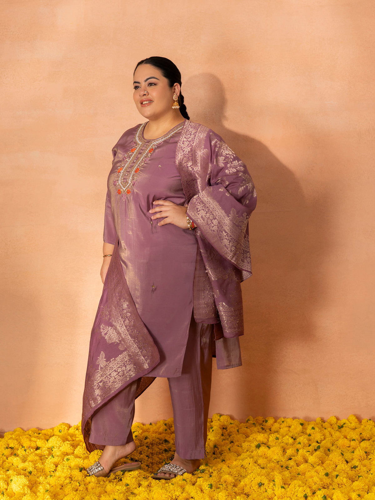 TITTLI Plus Size Women Handwork Embroidered U-Neck Roman Shimmer Silk Kurta Set with Jacquard Banarasi Print Dupatta (Purple)