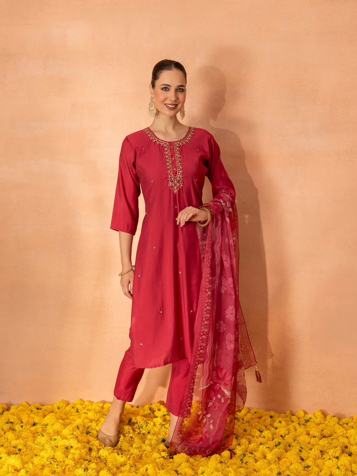 TITTLI Women Handwork Embroidered U-Neck Roman Silk Kurta Set with Digital Print Dupatta(Rose Pink)