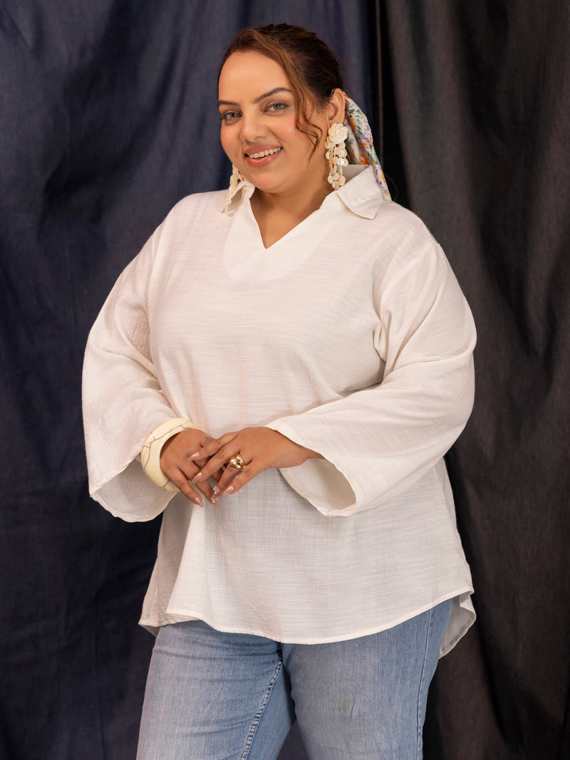 TITTLI Women Plus Size V-Neck Collar Short Kurti with Flared Fit & Full Sleeves (Off White)