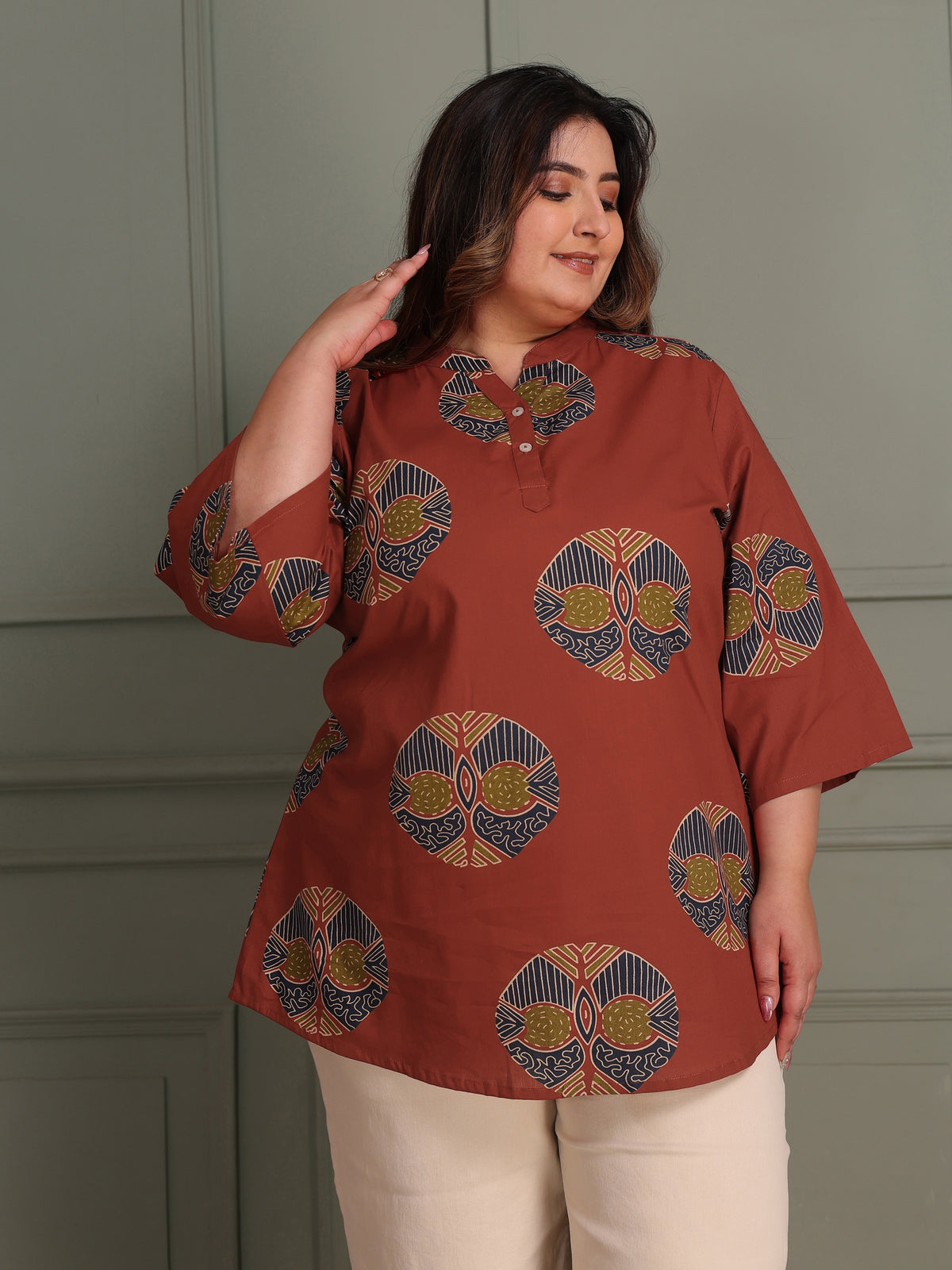 TITTLI Women Plus Size Printed Pure Cotton Mandarin Collar Casual Kurti (Rust)