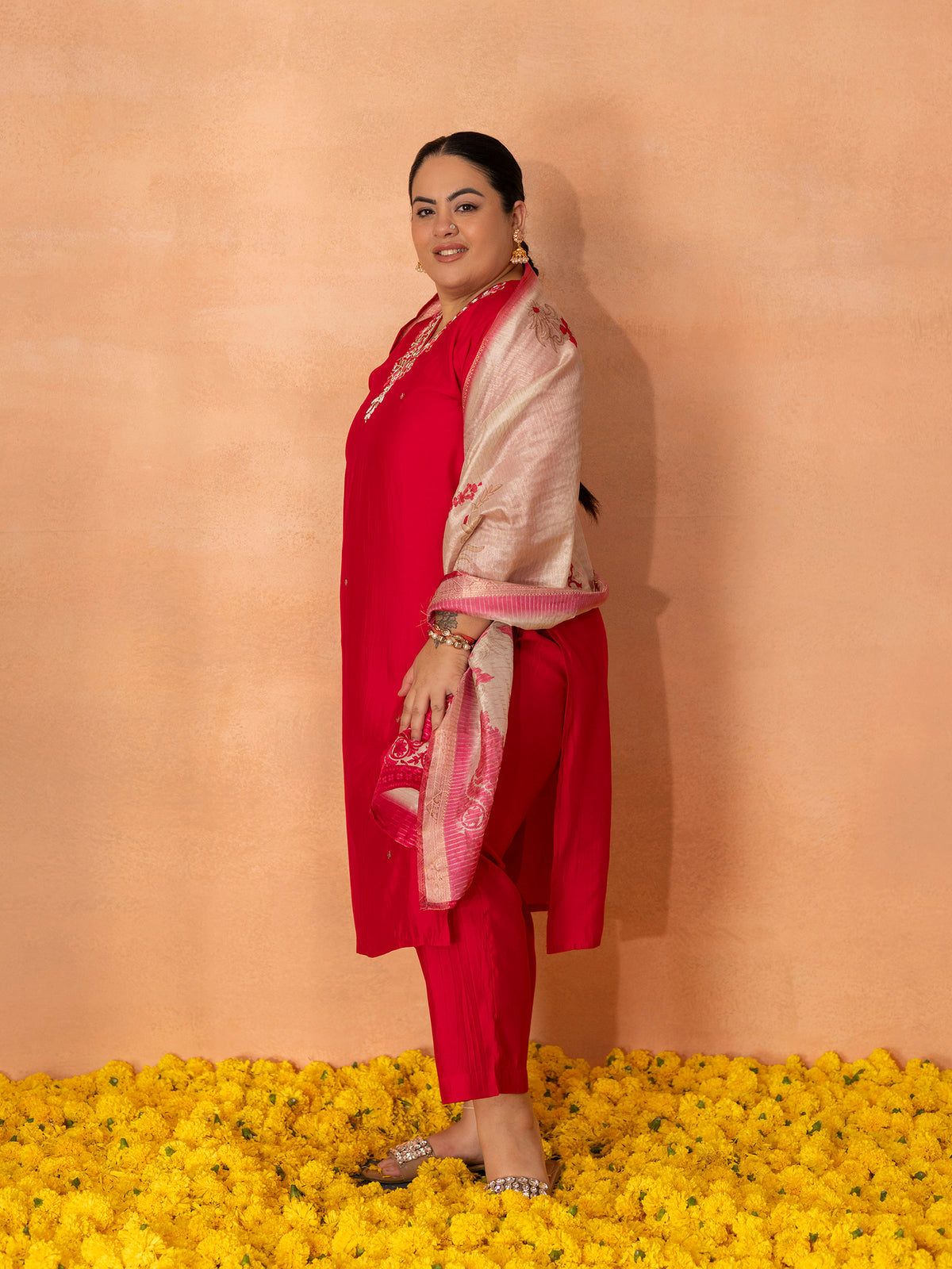 TITTLI Plus Size Women Handwork Embroidered V-Neck Roman Silk Kurta Set with Jacquard Digital Printed Dupatta (Red)